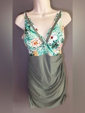 Blooming Jelly Tropical One Piece Swimsuit Ruched Skirt Olive Green Size L NWT
